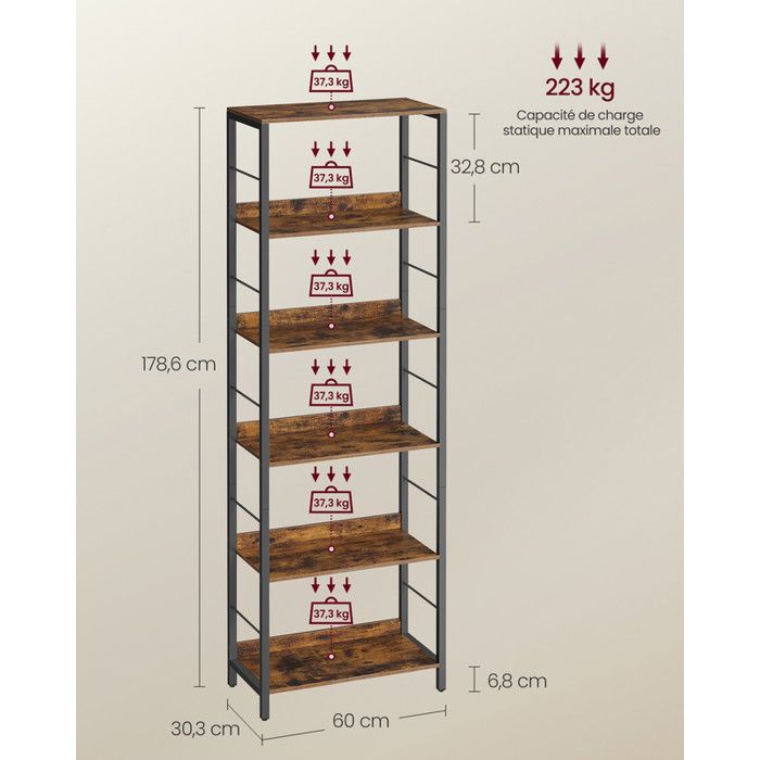 Bibliothèque 6 étagères Industrielle – 30x80x186 Cm, Structure Métal Et Panneaux Bois, Style Rustique Et Noir - 3