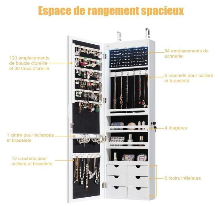 RELAX4LIFE Armoire à Bijoux Murale Avec Miroir Et 5 Lumières LED Automatiques - 6 Tiroirs - Blanc Ou Noir