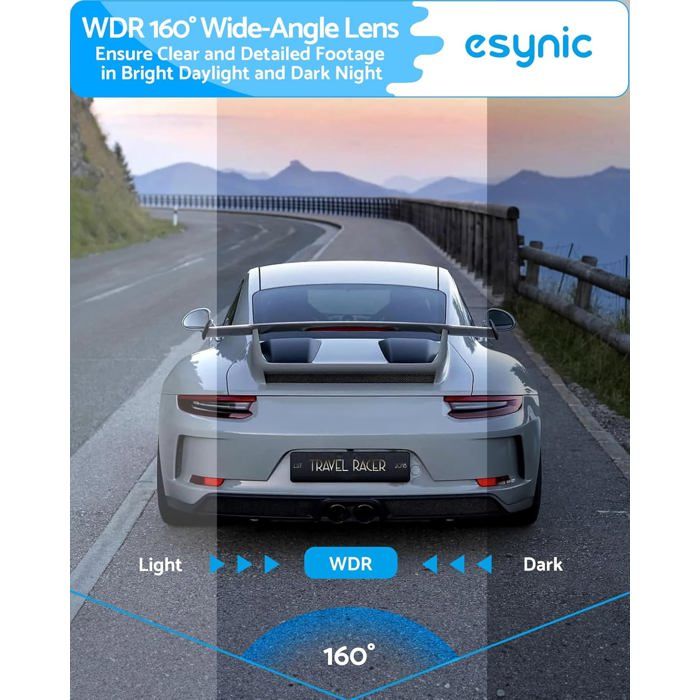 ESynic Dashcam Voiture Avant Arrière WiFi 2K Grand Angle 160