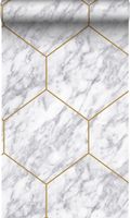 Origin Wallcoverings papier peint hexagone effet marbre blanc, gris et or - 50 x 900 cm - 347808
