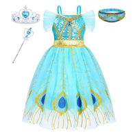 Déguisement Princesse Jasmine Aladin pour Enfants Filles - AMZBARLEY - Robe Bleue avec Motif Plumes de Paon