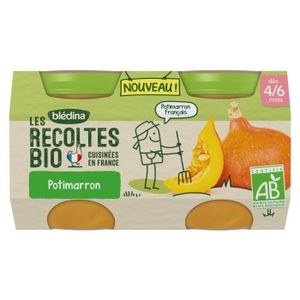 PLATS CUISINÉS Blédina Les Récoltes Bio, Petits pots pour bébé bio dès 4/6 Mois, Potimarrons, 2x130g