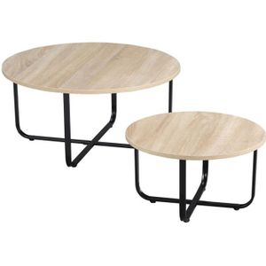TABLE BASSE Lot de 2 tables basses gigognes design industriel encastrable métal noir MDF aspect chêne clair 65x65x32cm Beige
