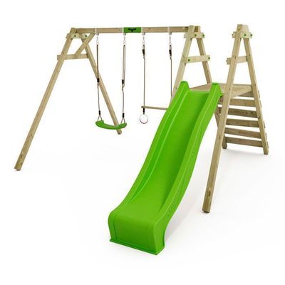 Aire de jeux bois, 2 balançoires, nid, toboggan, escalade, cabane woodi marron Kangui | La Redoute