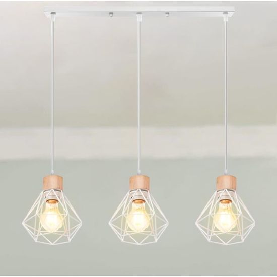 Lustre Suspension 3 Lumières - Design Moderne Bois & Aluminium - Blanc - E27 60W - Pour Cuisine/Salon