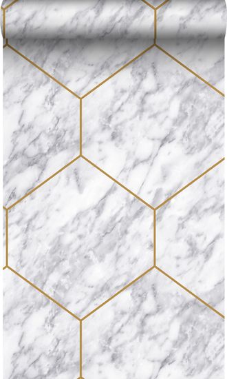 papier peint hexagone effet marbre blanc, gris et or - 50 x 900 cm - 347808