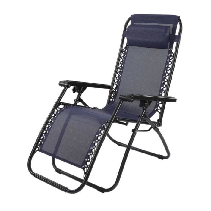 Chaise Longue Transat Inclinable avec Repose-tête Pliable pour Camping et Jardin (BLEU)