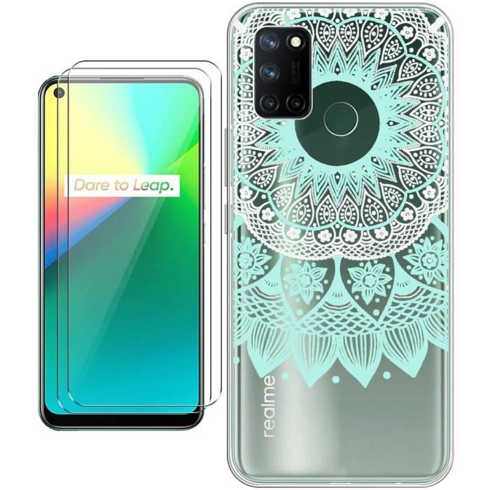 2 Pack verre trempé + Pour Realme 7i 6.5- Coque téléphone Mode Mince Doux Silicone TPU Case Cover Mandala blanc