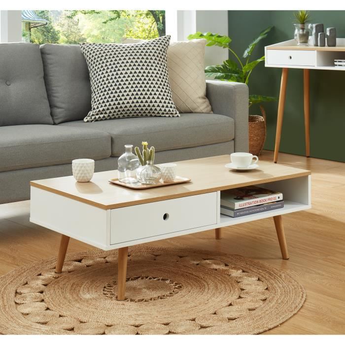 CALDERA Table basse, laqué blanc mat et plateau coloris bois