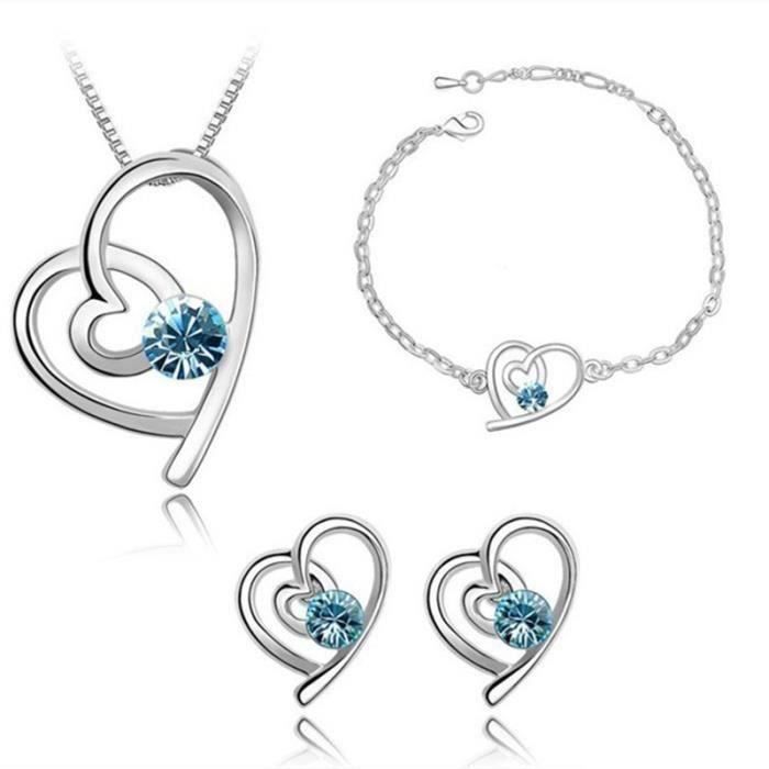 BLEU Parure Pendentif Coeur Ajouré avec Strass Ensemble Bijoux Élégant Collier Boucles d'Oreilles Bracelet Cadeau Femme Fille M0486
