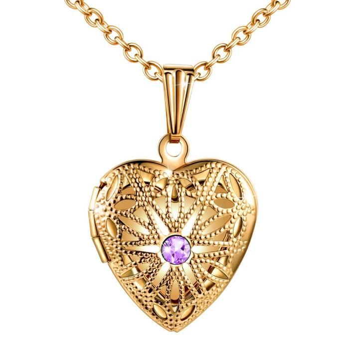 MicLee Collier Cœur, Collier Photo, Motifs du Creux, orné Zircon Violet, avec Boîte-Cadeau et Carte de Vœux 3D, Élégant et Partic
