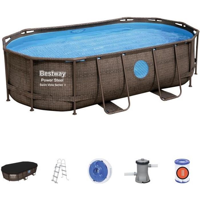 Piscine Hors-sol Tubulaire BESTWAY Power Steel - Oval - 427 x 250 x 100 cm - Imitation Rotin