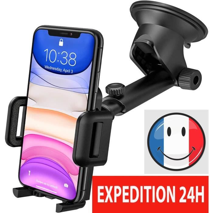 Support Téléphone Voiture Ventouse pour Tableau de Bord Pare-Brise, Support Voiture Rotation 360° Bras Prolongé Angle Télescopique P
