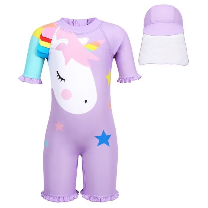 AmzBarley Enfant Fille Maillot de Bain 1 Pièce Anti UV Protection Solaire et Chapeau de Bain Surf Combinaison Swimwear 2-7 Ans