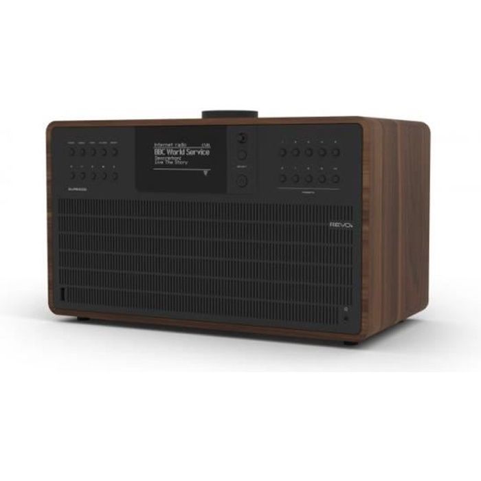 REVO - SUPERCD Radio Réveil matin DAB / DAB+ / FM (RDS) / Bluetooth / Multiroom / Lecteur CD - Noyer / Noir