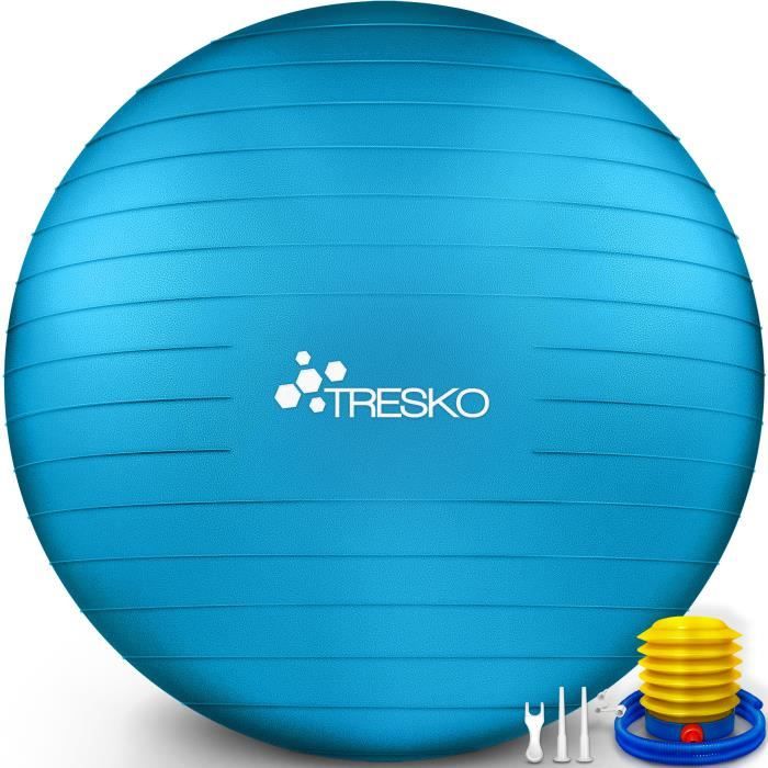 TRESKO Ballon Fitness Yoga Balle d’Exercice Antidérapant Balle Gymnastique avec Pompe 300 kg | avec pompe à air | Bleu | 55cm