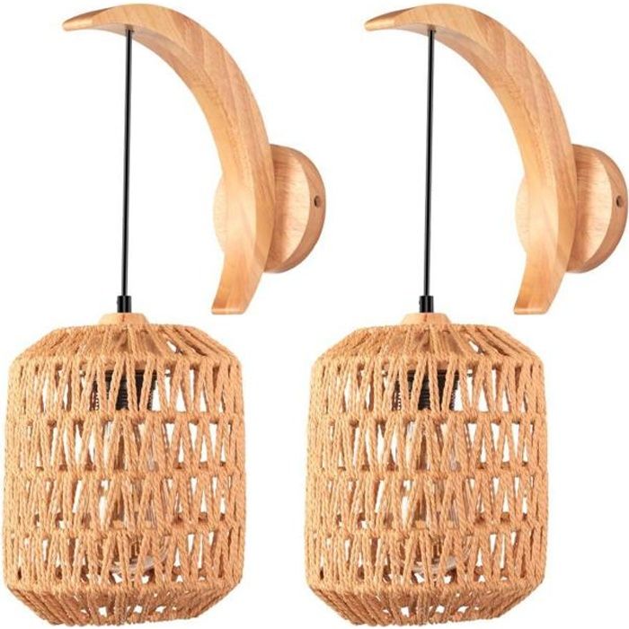 WOTTES Applique Murale Intérieure Rétro Lanterne 2PCS Corde De Chanvre Applique Rotin Et MéTal E27 Pour Table De Chevet Salon