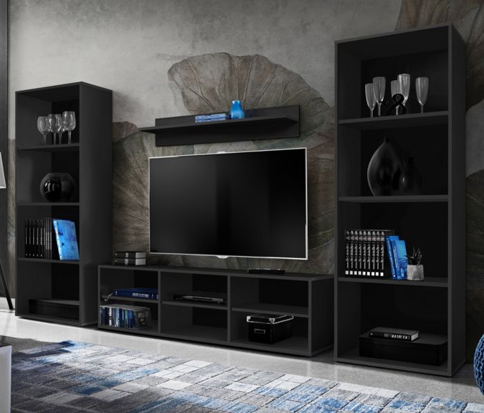 Meuble TV Varallo Komodee 200cm - Bibliothèque Salon/Chambre En Noir Wotan - Sans LED