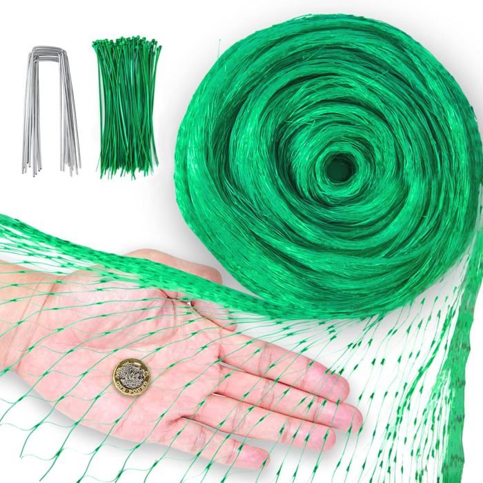 Filet Anti-oiseaux Réutilisable 4x10m - Maille 2cm - Protection Jardin, Potager, Arbres, étangs - 50 Serre-câbles Inclus - En PE Durable