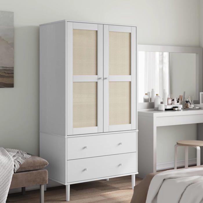 vidaXL Garde-robe Armoire avec 2 Tiroirs et 4 Compartiments Placard avec Porte Meuble de Rangement Aspect Rotin Blanc 358035