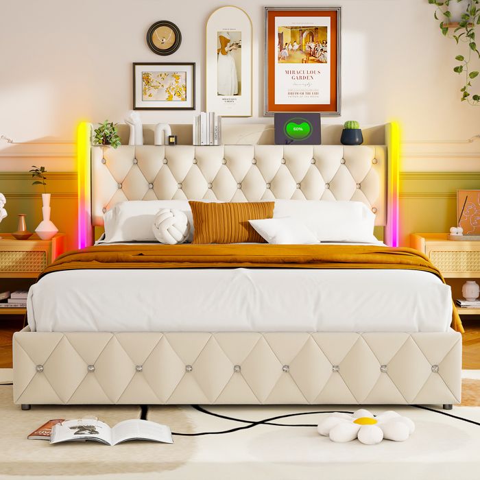 Lit double 160x200 avec Led Lit coffre avec USB et Type-C lit rembourré lit adulte cadre de lit avec rangement Beige