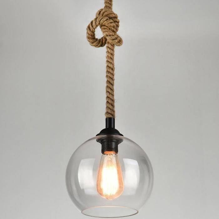 WOTTES Lustre Suspension Industrielle Rétro Ø20cm en Forme Boule Verre Transparent et Corde de Chanvre pour Salle à Manger 1pcs