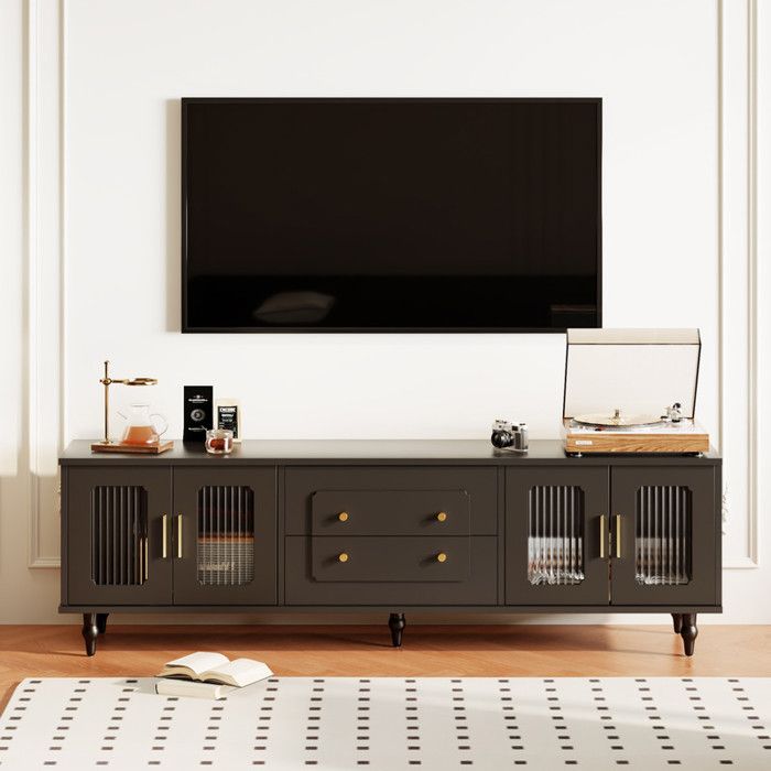 Meuble TV bas de style rétro : poignées dorées grand espace de rangement. Avec porte vitrée et pieds en bois massif