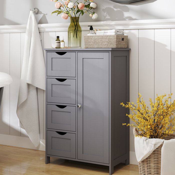 Meuble Salle de Bain - Gris Tourterelle - 4 Tiroirs - Placard - Étagère Réglable - 30x55x82 cm