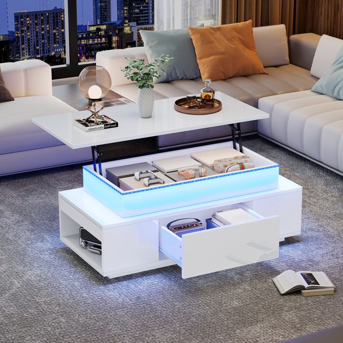 Table basse relevable - MODERNLUXE - 96x45x40 cm - Éclairage LED - 1 tiroir - Finition laquée brillante - Blanc Table basse relevable - MODERNLUXE - 96x45x40 cm - Éclairage LED - 1 tiroir - Finition laquée brillante - Blanc