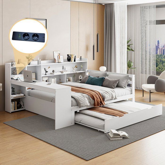 Lit gigogne Maisentiel bois blanc multifonction avec bureau étagères rangements et tiroir 140x200
