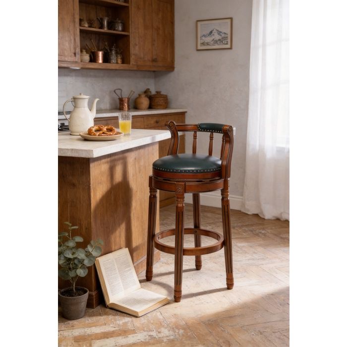 Tabouret de Bar en Cuir de Vache Bleu - Chaise Pivotante avec Finition Cloutée - en Bois Écologique - Stable - 55x55x96cm