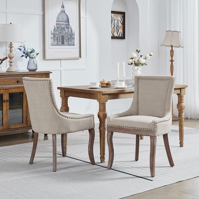 Chaises de Salle à Manger - Lot de 2 - Chaise de Cuisine - Pieds en bois massif - Assise rembourrée en chenille - Beige