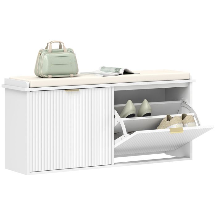 Banc à chaussures - HOMCOM - coussin dassise rembourré et tiroir rabattable - pour couloir chambre - 104 x 26 x 475 cm - blanc