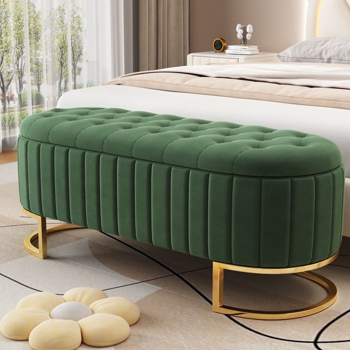 Banquette de rangement avec coffre et repose-pieds 120 x 40 cm rembourrée en velours vert – Idéale salon et entrée