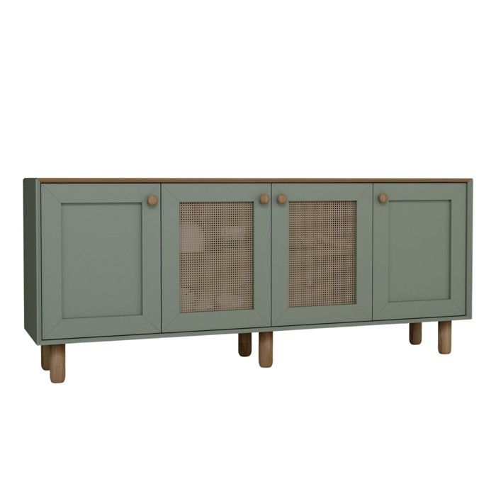 Buffet en bois et cannage Bohemian - 180 x 40 x 75 cm - Vert Buffet en bois et cannage Bohemian - 180 x 40 x 75 cm - Vert