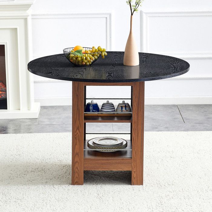 Table à manger ronde moderne - Étagère de rangement - Noyer+noir - Diamètre 100 cm - Hauteur 76 cm - 2-4 personnes