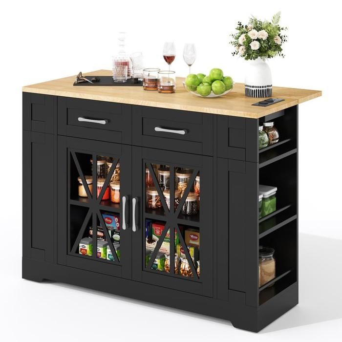 Buffet de cuisine 120x65x92 cm avec table à manger rabattable et porte vitrée Îlot de cuisine avec prise secteur port USB Noir