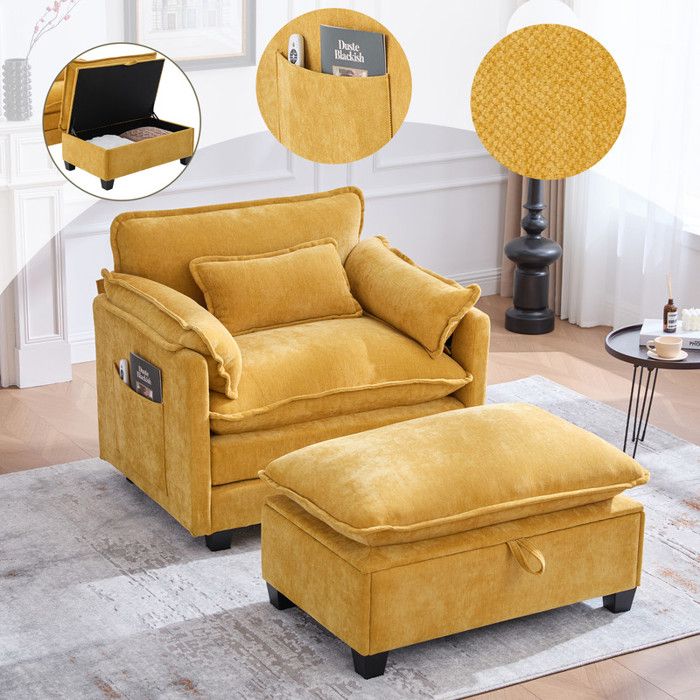 Fauteuil 103x85x91 cm avec repose-pieds - Fauteuil de détente en velours - Fauteuil inclinable confortable - Pour le salon - Jaune
