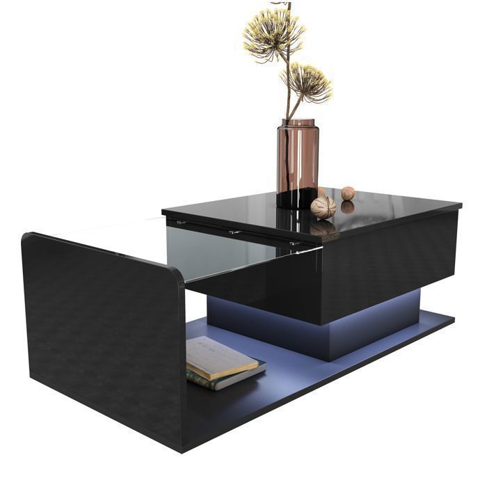 Table basse noire brillante avec plateau en verre trempé relevable et LED
