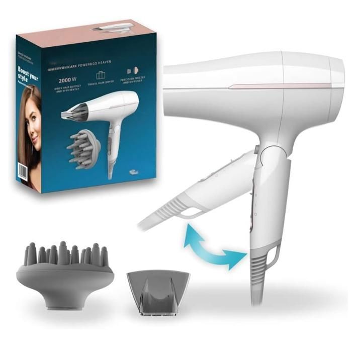 Sèche-Cheveux de Voyage Pliable 2000W 2 températures 2 vitesses fonction air froid buse concentratrice et diffuseur inclus Sèche-Cheveux de Voyage Pliable 2000W 2 températures 2 vitesses fonction air froid buse concentratrice et diffuseur inclus