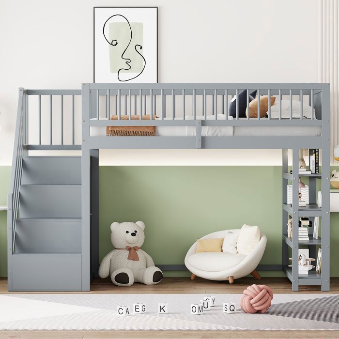 Lit Mezzanine 90x200 cm -  Lit Bois enfant - avec Placard et Étagères - avec Haute Barrière Sécurité et Échelle - Pin Massif - Gris