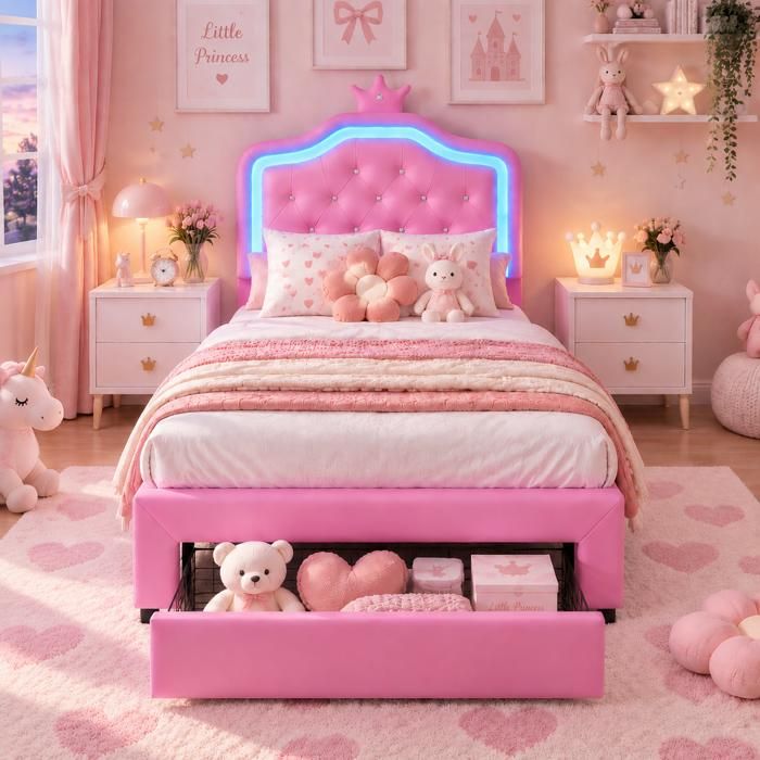 Lit princesse 90x200cm en pu lit fille rose avec tiroir lit enfant simple avec led tête de lit hauteur réglable sommier à lattes