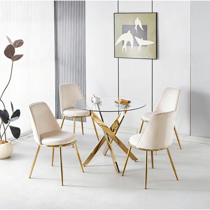 Ensemble table repas ronde en verre et 4 chaises haut dossier en velours blanc crème pieds dorés ORVRYN