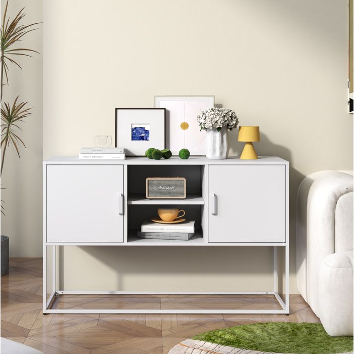 Buffet Bas 2 Portes et 6 Compartiments 3 Étagères Fixes et Anti-Basculement - ELVMI - Salon Métal Blanc 120×40×75 cm