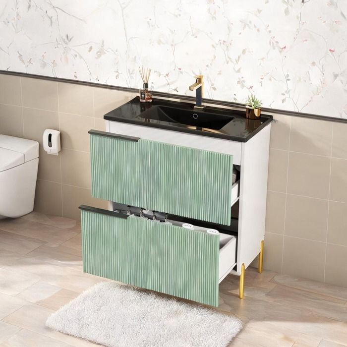 Meuble vasque salle de bain MDF mélaminé vert classique L81.5 x P47 x H90 cm avec vasque céramique portes et tiroirs style