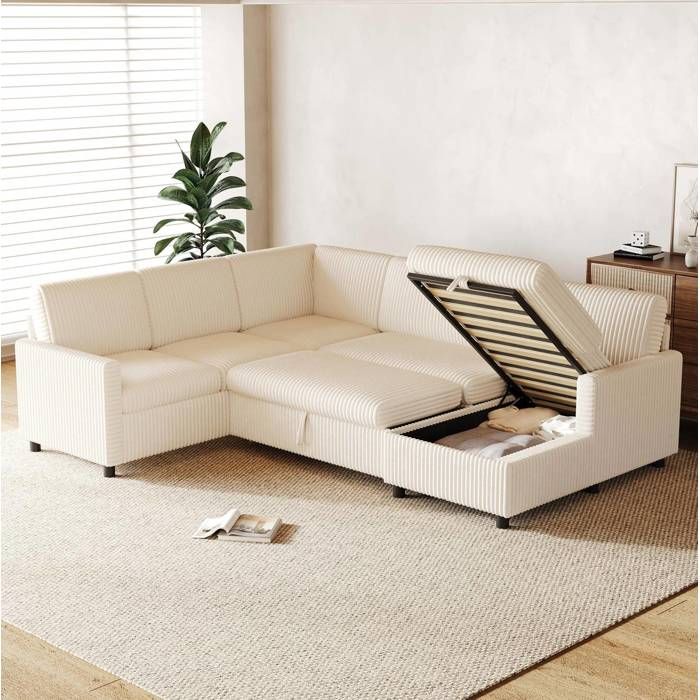 Canapé dangle convertible en U 274 x 220 x 85 cm avec rangement gros cordon beige