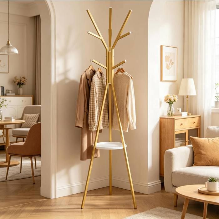 ROVRYN Porte-manteau sur pied arbre 180 cm 9 crochets étagère ronde métal et MDF doré