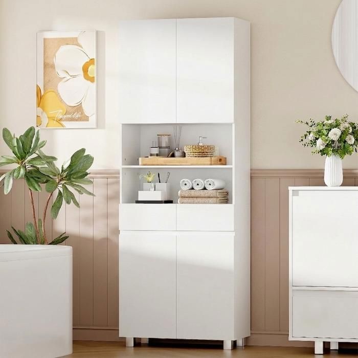 Armoire de Salle de Bain 4 Portes 2 Tiroirs Étagères Réglables et Compartiments Ouverts 60 x 30 x 180 cmBlanc