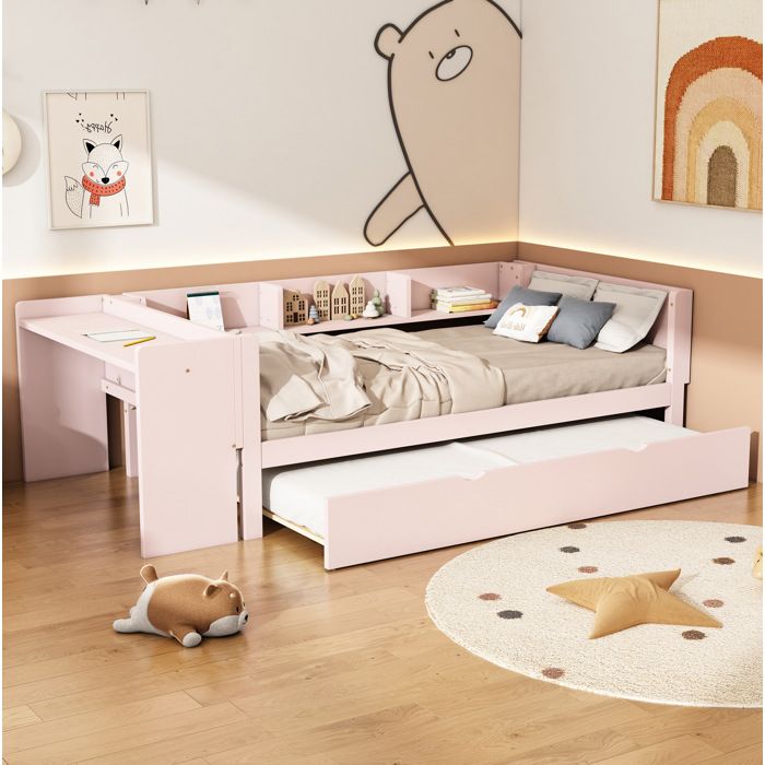 Lit combiné enfant 90 x 200 cm en pin et MDF avec lit gigogne bureau intégré et 3 étagères latérales rose