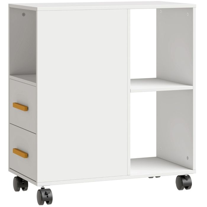 Meuble imprimante avec roulettes 2 tiroirs étagère réglable 60 x 30 x 65 cm blanc en bois